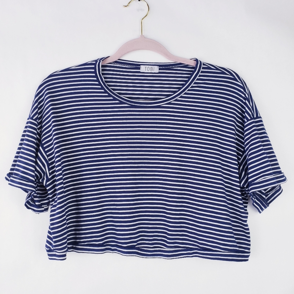 Tobi Womens Oversized Cropped Shirt Striped Stretch Size Small